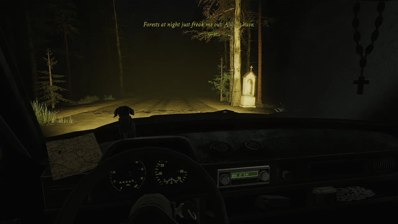 Official CH13 Rest Stop screenshot from inside the car on a dark forest road